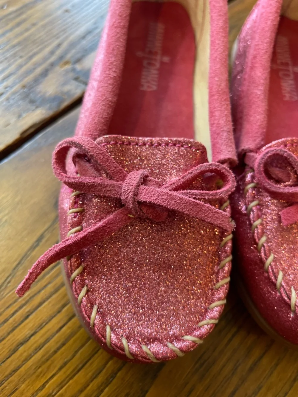 Minnetonka Kids Pink Glitter Suede Moccasins